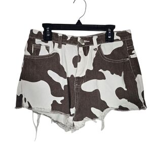 SHEIN Small Brown and White Cow Print Cut Off Jean Shorts